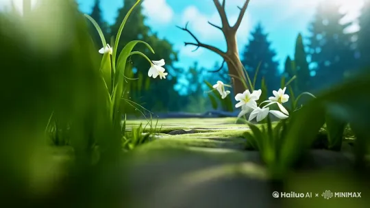 一只五彩斑斓的美丽的蝴蝶在空中飞动，落在白色花朵上 by Hailuo AI Video Generator