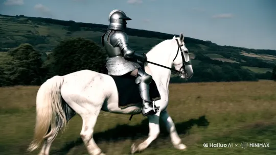 一位英格兰贵族 骑士骑着白马巡视他的领地 运动镜头 by Hailuo AI Video Generator