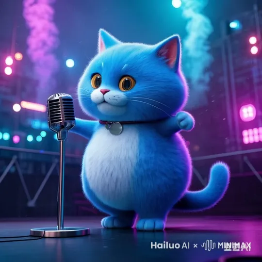 图中蓝色的猫拿着麦克风在舞台上唱歌 一边唱歌一边舞蹈 神情专注 舞台周围的灯光时不时地闪烁 by Hailuo AI Video Generator