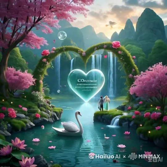 【浪漫山水】壮丽的山水景观为背景,层叠翠绿山脉环绕心形湖泊,晨光穿透云层形成丁达尔光,近处粉白色桃花点缀古树,清澈溪流蜿蜒至前景,水面上漂浮荷花瓣与天鹅形小船
【爱情氛围】空中漂浮发光的半透明爱心气泡,瀑布下双鹤引颈交颈,远处薄雾中隐约可见情侣牵手倒影,樱花雨随风飘落在岩石叠成的心形拱门上
【细节强化】玉石雕刻的誓词飘带绕藤蔓生长,苔藓表面闪烁萤火微光,水底荧光鱼群游动组合成「永恒」文字,青瓷茶具摆放在溪畔盛开的红玫瑰旁
风格参数:
柔和水彩质感,青绿山水基底调色盘,3D渲染结合浮世绘线条 | 光影分层:水面高光波纹/云雾体积光效/山体阴影刻画 by Hailuo AI Video Generator