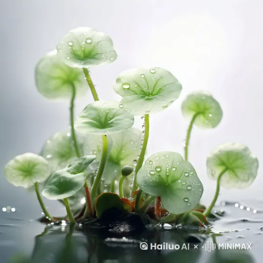低角度，静态镜头：一朵精致美丽的积雪草上挂着晶莹的露珠。阳光透过树叶洒下斑驳的光影，营造出宁静而祥和的氛围。 by Hailuo AI Video Generator