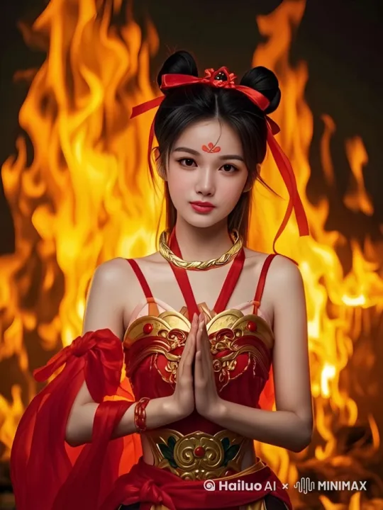 哪吒看着镜头说话，哪吒的混天绫在身后飘浮飘动，身后是熊熊的火焰，镜头固定不动 by Hailuo AI Video Generator