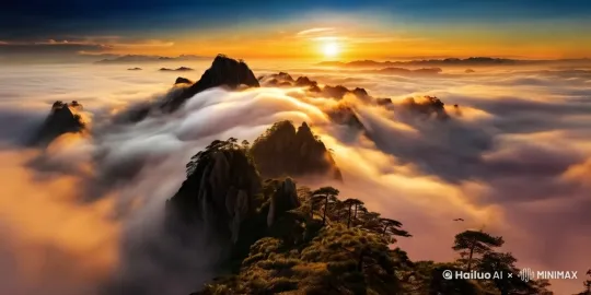 黄金的黄山日出，金色的云雾缭绕，暖色调，电影大片 by Hailuo AI Video Generator