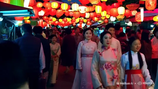 热闹繁华的元宵夜，未出阁女子跟中意的郎君逛夜市 by Hailuo AI Video Generator