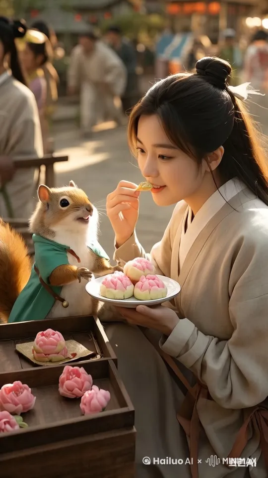 客人拿起一块桃花酥品尝起来，还称赞好吃 by Hailuo AI Video Generator
