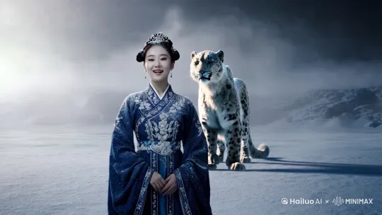 雪域高原，一个身穿中国传统汉服的年轻美丽女子，灵动的表情，一只巨大的雪豹站在其身后，巨物感、超现实感和虚幻神秘感5。整体色调高级灰蓝，迷雾感，高级灰度，朦胧光，虚幻神秘感，超清画面，16K，超精细细节 by Hailuo AI Video Generator