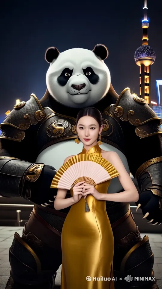美女和熊猫战士向前走 by Hailuo AI Video Generator