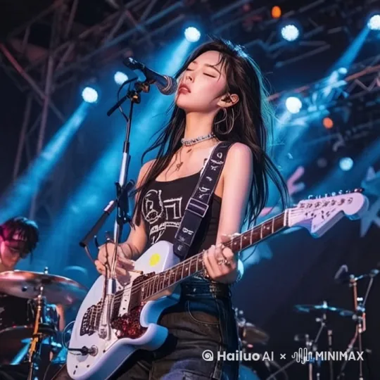 镜头环绕一圈，四周的乐手激情演绎这这首最新的歌曲《最炫民族风》，女主唱，上下摇头，长发随着歌曲以及吉他弹奏的节奏，在空中挥舞。 by Hailuo AI Video Generator