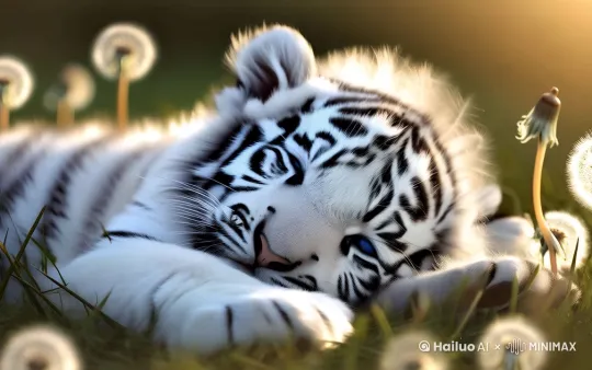 阶段一:幼崽期(首帧)
white tiger cub, fluffy fur with gray stripes, blue eyes, curled up on sunlit grass, dandelions around, shallow depth of field, 8k detail, soft bokeh, (ultra-realistic fur texture:1.3), golden hour lighting
阶段一(尾帧)
same white tiger cub, looking up with raised paw, dandelion seeds blowing, fur moving in wind, (time progression:1.2), shadow direction shifted 15 degrees, --seed 1234 --iw 0.7
by Hailuo AI Video Generator