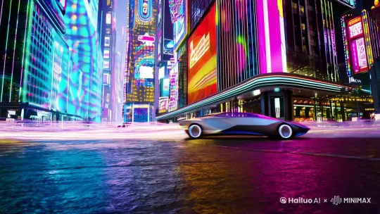 A futuristic electric car drifting in a neon-lit cyberpunk city, holographic advertisements glowing in the background, smoke and light trails following the car, cinematic and high-tech style, 4K resolution. by Hailuo AI Video Generator