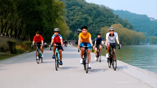 一群年轻人骑着公路车行进在西湖边向前行进，面向前，人物画面完整，电影质感。[推进,上升][变焦推进,跟随,上升] by Hailuo AI Video Generator