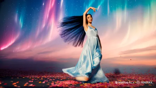 一位美丽的亚洲女性在星空下跳现代舞，身穿淡蓝色丝绸长裙，乌黑亮丽的长发随风飘动，精致的五官和明亮的眼睛在柔和的灯光下显得格外动人。她的舞姿轻盈优雅，手臂轻柔地挥舞，仿佛在空气中绘画，脚步轻盈如漂浮在地面上。背景是绚丽的极光和飘散的花瓣，梦幻般的舞台充满了诗意与艺术感，柔和的灯光与流动的光影交织，发丝和裙摆随着动作自然飘动，整个画面沉浸在轻柔的钢琴曲中，慢动作镜头突出了舞蹈的优雅与力量，色彩柔和且带有淡淡的梦幻滤镜，仿佛将观众带入了一个充满自由与喜悦的梦幻世界。 by Hailuo AI Video Generator