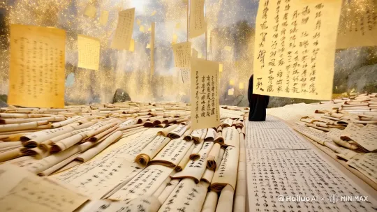 [推进,上升]男主角身着古装书生服饰，行走在经卷铺成的途中，，经卷上的文字清晰可辨，[右移,左摇,跟随]周边空中飘落着纸片，纸片上的文字如烟雾般飞散，烟雾是金色的[左移,跟随]书生表情坚定望着远方 by Hailuo AI Video Generator