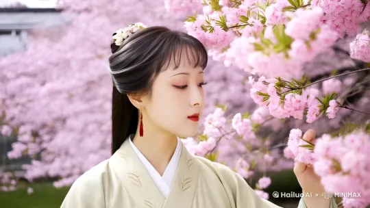角色站在梅花前赏花，面对镜头。 by Hailuo AI Video Generator