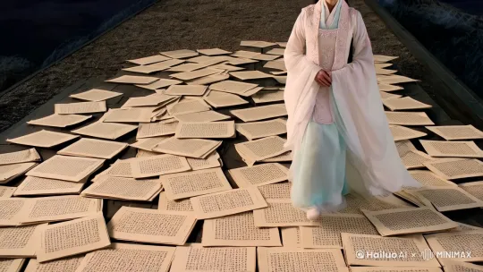 [下降,上摇]女主角身着古装大家闺秀服饰，行走在经卷铺成的途中，经卷上的文字清晰可辨，[右摇,变焦推进]周边空中飘落着纸片，纸片上的文字如烟雾般飞散，烟雾是金色的[左移,上升]她挥一挥手，表情温柔望着远方 by Hailuo AI Video Generator