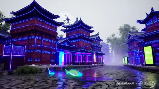 蓝紫色霓虹灯笼罩的徽派建筑，无人机在石板路上方穿梭，全息鲤鱼在运河中游动，雨雾折射着电子广告牌的光线，未来科技与传统元素的碰撞。[推进,上升] by Hailuo AI Video Generator