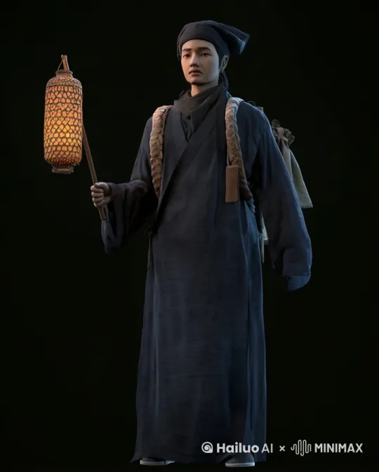 迷雾中，中国古代荒宅里，男子提着灯笼变跑变四处张望，镜头从全景别推到男人的脸部特写，飘着雪，电影写实风格。 by Hailuo AI Video Generator