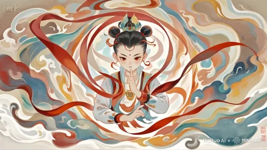 中间的人物不动，四周的丝带飘飘，背景的色彩火焰流动。 by Hailuo AI Video Generator
