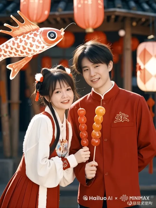 图片中的两个人相互亲了一下，不小心把手里的糖葫芦丢了 by Hailuo AI Video Generator