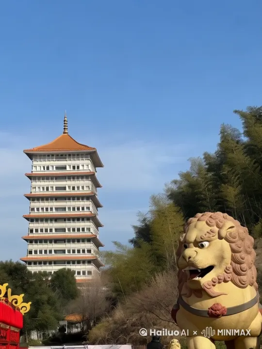 图中的宝塔像火箭一样发射飞走了，右边的石狮子露出来惊呆的表情 by Hailuo AI Video Generator