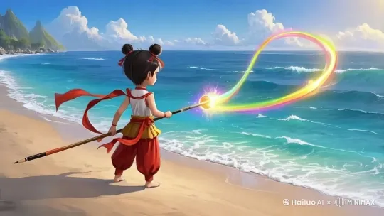 让视频中的哪吒挥起手里的彩虹笔，天空出现彩虹 by Hailuo AI Video Generator