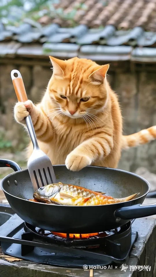橘猫正在用锅铲翻炒锅里的鱼。给鱼翻个面。锅底的火苗在动。 by Hailuo AI Video Generator