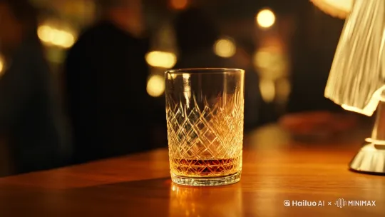 [拉远]特写酒吧的桌子上放着一个装着洋酒的玻璃杯。一个健壮的男人走过来拿起杯子走开，镜头拉远后跟随。[跟随]这时一个女人与男人擦肩而过，镜头右移，跟随女人。[右移]这个女人穿着非常性感。 by Hailuo AI Video Generator