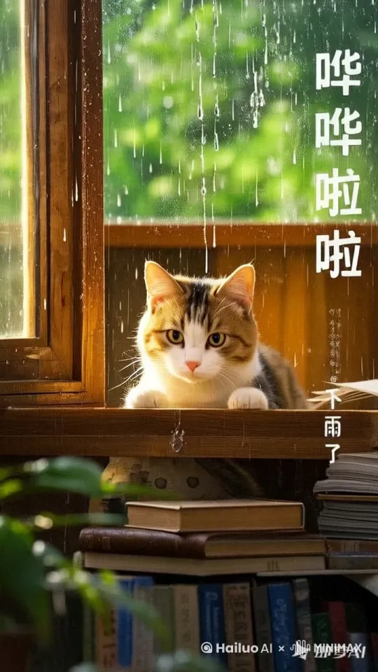 镜头运动**：缓慢右移模拟猫咪移动轨迹  
**音效**：淅沥雨声+旧书页翻动声   by Hailuo AI Video Generator