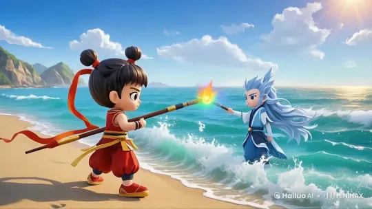 让视频中的蓝色衣服男孩从水里面出来，做出说话的动作，海浪要轻轻拍打岸边 by Hailuo AI Video Generator