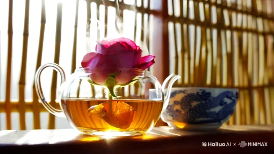 "玻璃茶壶中玫瑰花与陈皮的微距摄影，蒸汽形成莲花形状，阳光透过竹窗洒入，浅景深，青花瓷龙纹茶杯置于壶旁，琥珀色暖调，电影级美食摄影 by Hailuo AI Video Generator