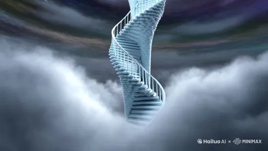 奇幻插画风格，漩涡中心浮现一条直通九霄的层云楼梯，楼梯蜿蜒上升，消失于耀眼的天际光芒之中。四周被浓厚的云雾缭绕，仿佛连接着另一个神秘世界。楼梯由层层叠叠的云朵构成，边缘清晰，仿佛实体般坚实。楼梯上空无一人，显得格外宁静而神秘。背景是混沌一片的天空，没有明确的色彩，只有流动的云层和暗淡的光线。整个画面充满了超现实的氛围，宛如踏入了一个未知的奇幻空间。近景至远景的透视构图，强调楼梯的延伸感。 by Hailuo AI Video Generator