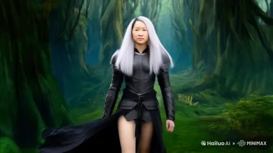 在场景中,远景。参考图中的女主人翁,正视前方,行走在原始森林里,白色的长发垂落在她的双肩两侧。她他身穿中世纪风格的黑色铠甲,紧紧地束在腰间,铠甲的下部分看起来像是一条在风中飘扬的流动裙子。 by Hailuo AI Video Generator