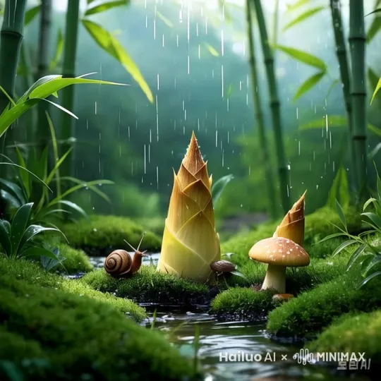 竹叶摆动    蜗牛爬到水边喝水  细雨绵绵 溪水荡漾 by Hailuo AI Video Generator