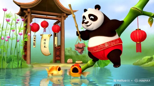 一只圆滚滚的熊猫幼崽穿着绣铜钱纹的红色肚兜，骑在歪脖子老竹枝上，握着小竹竿做的钓鱼杆，假装钓鱼，竿头却拴着热气腾腾的肉包子。下方荷塘里三条金鱼，其中一条胖头鱼正张大嘴接住坠落的包子馅，水面倒影映出熊猫偷笑的酒窝。背景是挂着红灯笼的月洞门，檐角风铃系着半块露馅的枣泥月饼。浅绛色水彩晕染宣纸质感，竹叶间隙还藏着半卷被啃出牙印的《钓鱼秘籍》。 by Hailuo AI Video Generator