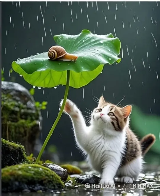 画面起始，细雨绵绵，轻柔地洒落在湿润的大地上。镜头缓缓推进，聚焦于一只棕白相间的小猫，它正蹲坐在一片被雨水滋润的地面上，眼神中充满了好奇与探索的欲望。
小猫轻轻地抬起一只前爪，仿佛被某种神秘的力量所吸引，它的目光锁定在不远处的一片宽大荷叶上。荷叶上，一只蜗牛正悠闲地栖息着，或许是在享受雨后的宁静，又或许是在寻找雨后新生的美食。
随着小猫的逐渐靠近，镜头也随之拉近，我们可以清晰地看到蜗牛那小巧而精致的壳，以及它缓缓伸出的触角，仿佛在感知着周围的世界。小猫的眼神中闪烁着兴奋与期待，它的前爪缓缓伸出，几乎要触碰到蜗牛的那一刻，却又突然停住，仿佛害怕惊扰了这份宁静。
此时，背景中的绿色植物在雨水的洗礼下显得更加生机勃勃，它们轻轻摇曳，为这幅画面增添了几分动感。雨声、风声以及远处隐约可闻的鸟鸣声交织在一起，构成了一首美妙的自然交响乐。
镜头继续缓慢移动，捕捉到小猫与蜗牛之间这微妙而有趣的互动。小猫时而轻轻嗅探，时而小心翼翼地伸出爪子试探，而蜗牛则始终保持着那份从容与淡定，仿佛在享受着这场意外的“游戏”。
最终，画面定格在小猫与蜗牛和谐共处的这一幕，雨水继续轻柔地洒落，为这幅画面增添了几分诗意与浪漫。让我们一同沉浸在这份宁静而有趣的氛围中，感受大自然的魅力与生命的奇迹。

 by Hailuo AI Video Generator
