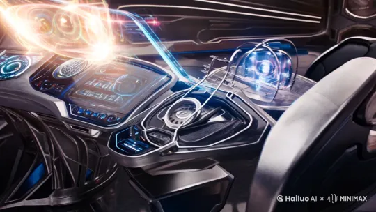 Quantum core reactor glow（量子反应堆辉光）  
Nanotech self-repairing chassis（纳米自修复底盘）  
Neural interface dashboard（神经交互仪表盘）  
Holographic racing line projection（全息行车线投射） by Hailuo AI Video Generator