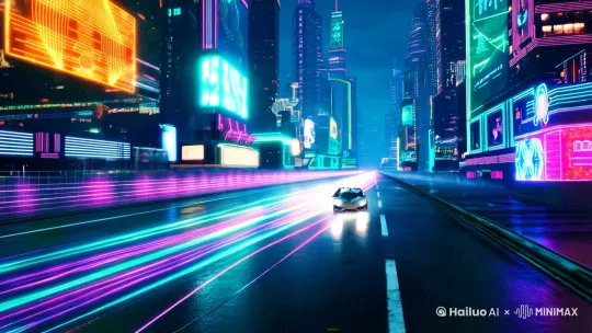 适用于Midjourney/DALL·E/Stable Diffusion：  
"Cyberpunk racing scene, neon-drenched future city with holographic billboards, AI-controlled hypercar with liquid metal texture performing drift maneuver, glowing tire marks creating data stream trails, dramatic low-angle shot with motion blur, chromatic aberration effects, cybernetic interface HUD overlays, neon rain reflections, ultra-detailed 8k rendering, Unreal Engine 5 cinematic lighting, --ar 16:9 --v 5.2 --style cinematic"

强化科技感关键词：  
Quantum core reactor glow（量子反应堆辉光）  
Nanotech self-repairing chassis（纳米自修复底盘）  
Neural interface dashboard（神经交互仪表盘）  
Holographic racing line projection（全息行车线投射）

增强动感参数：  
Motion blur intensity 80%（动态模糊强度）  
Speed streak density 7（速度线密度）  
Camera shake amplitude 0.3（镜头抖动幅度）  
Doppler effect sound design（多普勒音效设计） by Hailuo AI Video Generator