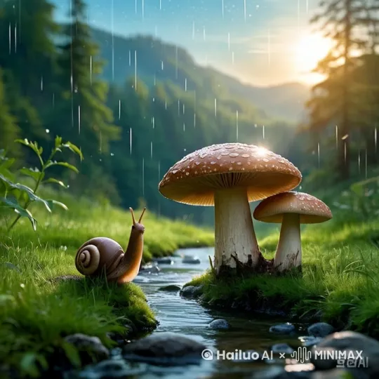 植物摆动   草地被风吹动  一个蜗牛缓慢爬行  细雨绵绵 溪水缓慢流淌  by Hailuo AI Video Generator