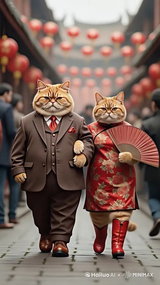 一只肥肥的拟人化橘猫，大肚腩，圆滚滚的身材，穿着紧身的西服套装，圆头皮鞋，身边有个穿着旗袍的女猫咪，女猫咪穿着粉丝旗袍，外讨厌一个貂皮大衣，红色靴子，两人手腕手走在村子里，周围很多人群 模糊，摄影师，写实，高清，32K，比例是9:16 by Hailuo AI Video Generator