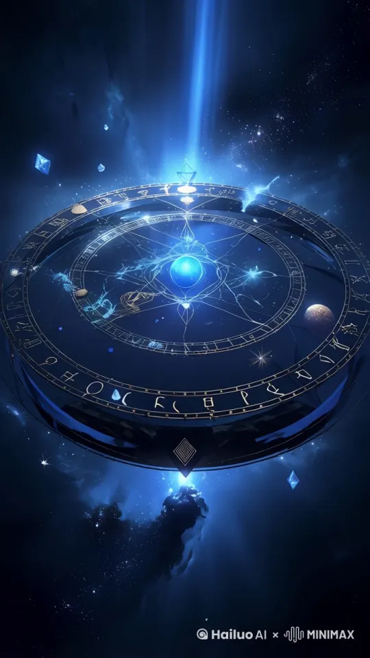 图片中的圆形星盘开始顺时间旋转，伴随着天空的星辰闪烁汇入中心 by Hailuo AI Video Generator
