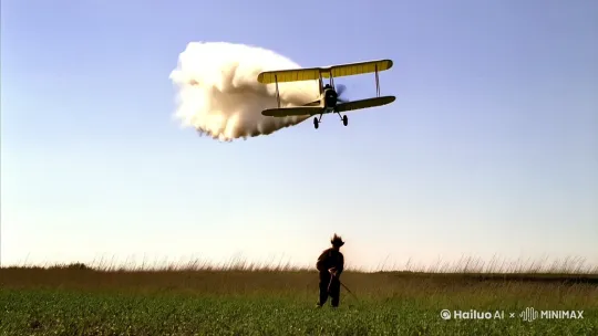 1910年，在美國的荒原上，低空飛過一架飛機，飛機的氣流吹落了美國在土地勞動的農民的帽子，稀疏的頭髮都吹立了起來。 by Hailuo AI Video Generator