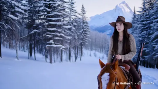 一个美女牛仔，C杯胸围，骑着马，穿过一片雪景，身后绑着一支步枪。她戴着宽边帽，身穿老旧的布衣。在她身后的远处，是高大的云杉林，林外是令人叹为观止的白雪皑皑的群山，地面上覆盖着洁白的积雪，牛仔缓缓在寒冷的旷野中骑马前行。她盯着前方，显得坚毅且勇敢 by Hailuo AI Video Generator
