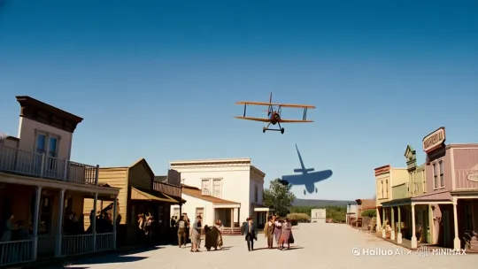 1910年，在美國小鎮上，低空飛過一架飛機小鎮街道上分部十幾個人，仰頭招手開始對飛機歡呼，有的人還追飛機， by Hailuo AI Video Generator