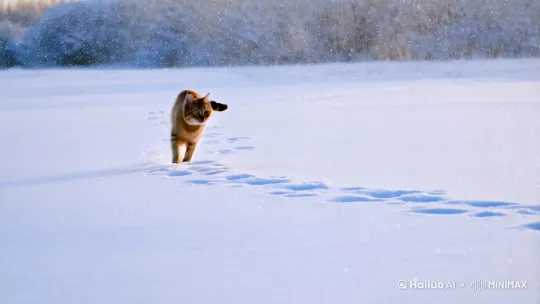 一只在雪地奔跑的猫 by Hailuo AI Video Generator