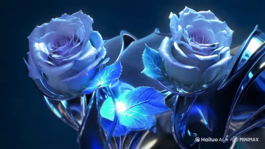 holy light,beautiful spectral light ice-blue roses , two leaves,the petals are flashing blue light, background blue, drop reflection light, reflection, bright, super clear, transparent metal armor, patronus, transparent, caustics, optics, portrait profile, ultra realistic, magic, fantasy, composition, dark, trending on artstation, pearly,8k, --v 4
 by Hailuo AI Video Generator