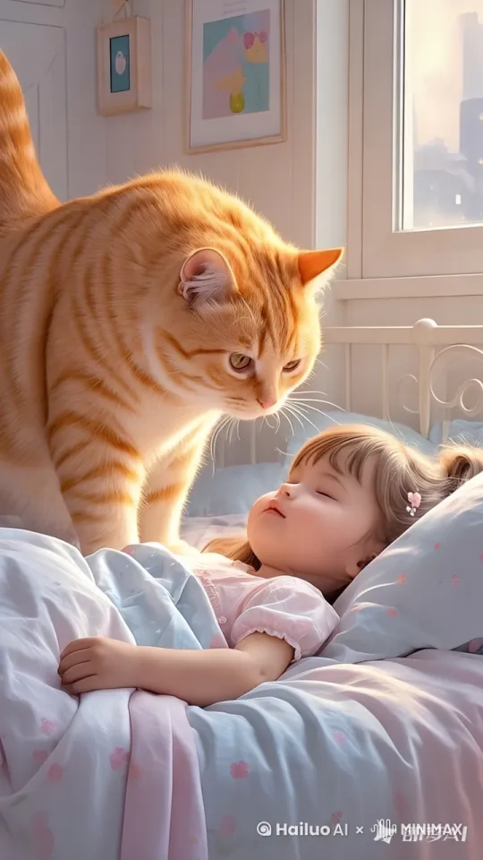 猫咪用爪子轻轻的拍了拍小女孩的头，随后小女孩睁开了眼睛说：你说，公主请上学。 by Hailuo AI Video Generator