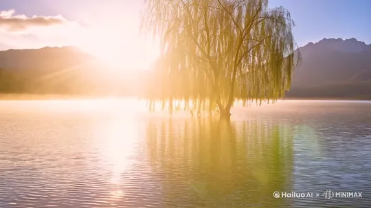 清晨的阳光透过薄雾洒在静谧的湖面上（镜头缓缓推进，捕捉阳光穿透雾气的效果），湖水如镜，倒映着蓝天和几朵悠闲的白云（使用广角镜头，展现湖面的广阔与倒影的清晰）。岸边，几株垂柳轻轻摇曳（特写垂柳枝条，慢动作展现摇曳的细节），嫩绿的枝条拂过水面，激起一圈圈涟漪（低角度拍摄，捕捉水面的波纹）。一只白鹭优雅地掠过湖面（跟踪拍摄白鹭飞行的轨迹，保持画面稳定），翅膀划破宁静，留下一道淡淡的水痕（慢镜头特写白鹭翅膀与水面的接触）。远处的山峦在晨光中若隐若现（使用长焦镜头，压缩景深，突出山峦的朦胧感），仿佛一幅水墨画（整体画面色调调整为淡雅的水墨风格）。空气中弥漫着青草和野花的清香（镜头缓缓扫过草地和野花，配合轻柔的背景音乐），微风拂过，带来一丝凉意（使用风声音效，增强氛围感），仿佛整个世界都在这一刻苏醒，充满了宁静与希望（镜头逐渐拉远，展现整个湖光山色的全景，画面渐暗，结束）。 by Hailuo AI Video Generator