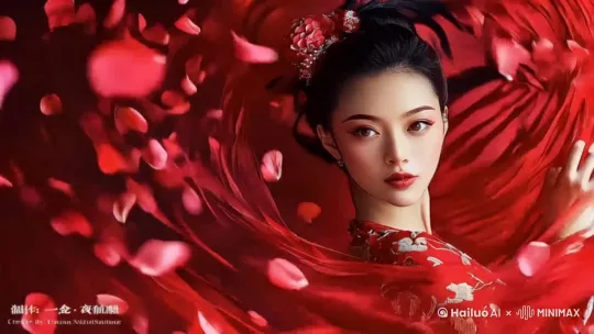女人金拿着红丝绸跳舞，红花瓣随着丝绸飘浮，镜头慢慢平移 by Hailuo AI Video Generator