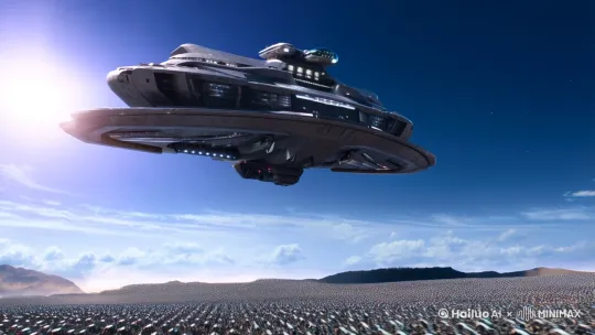 外星战舰入侵地球，外星战舰打开大门释放机器人大军攻击人类，人类四处奔逃，眼睛里面充满了恐惧，[拉远,右摇,右移] by Hailuo AI Video Generator