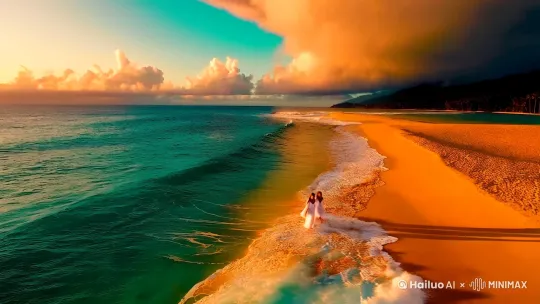 4K cinematic, aerial view of tropical beach with turquoise waves, golden sand shoreline, three beautiful models in flowy white dresses walking barefoot along water's edge, wind-blown hair and fabric, golden hour lighting with dramatic cloud formations, slow motion capture of crashing waves, cinematic color grading with teal and orange tones, hyper-realistic details, 16:9 aspect ratio by Hailuo AI Video Generator